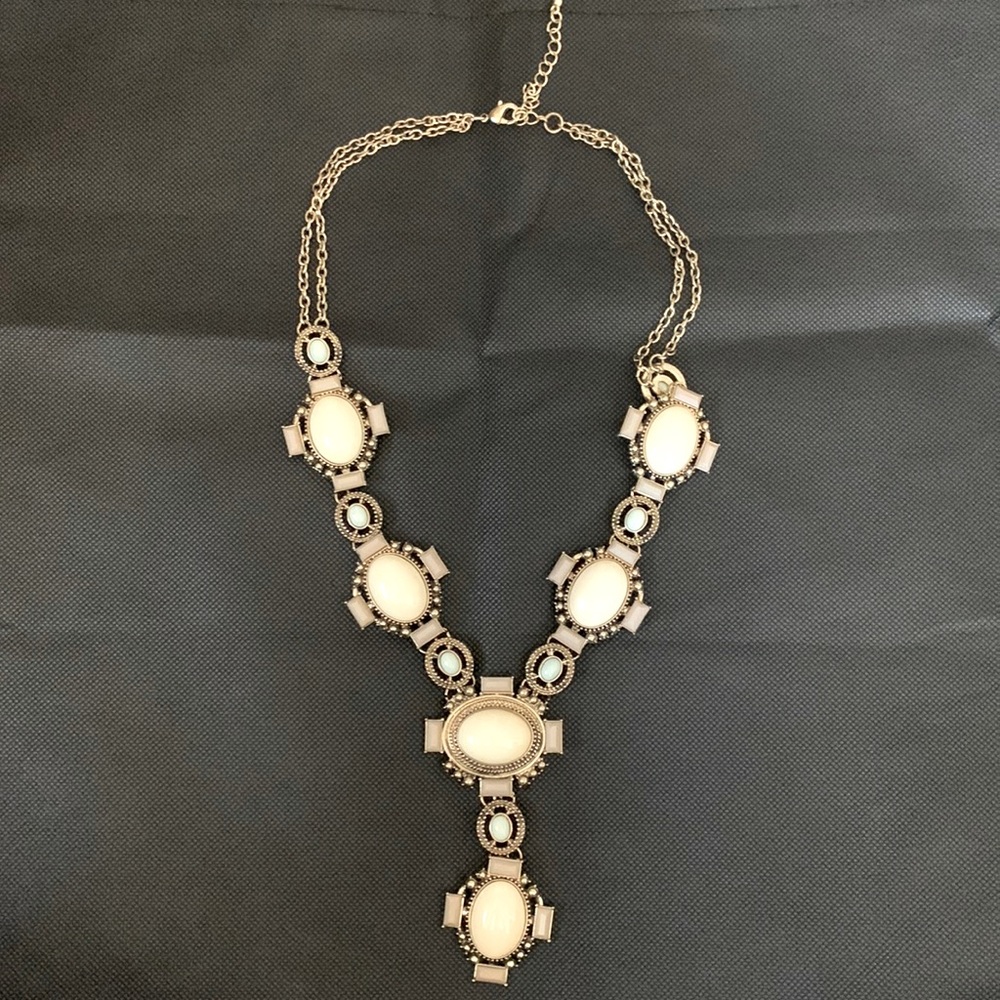 Embellished Y necklace - light beige, brown, and turquoise stones. Antique gold